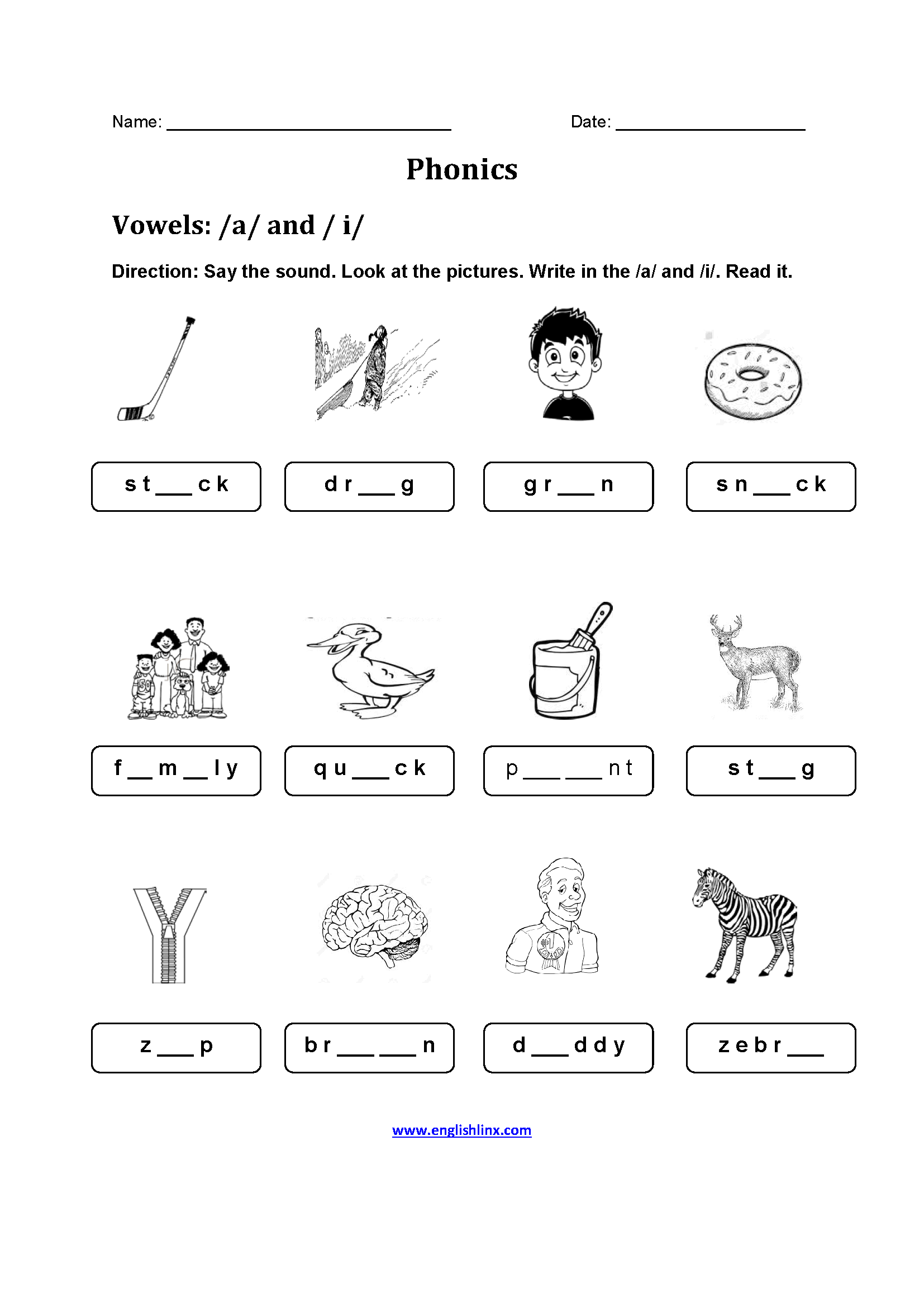 Vowels A and I Phonics Worksheets