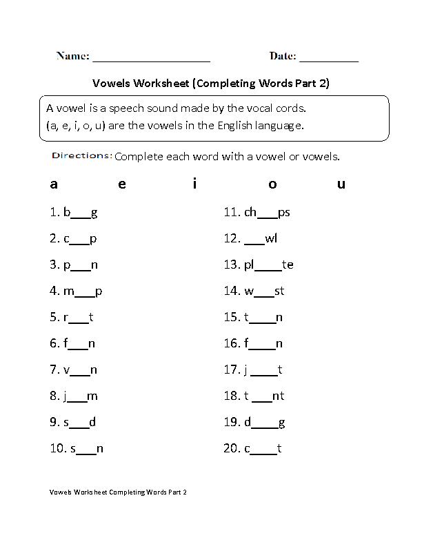 Completing Words Vowels Worksheet Part 2
