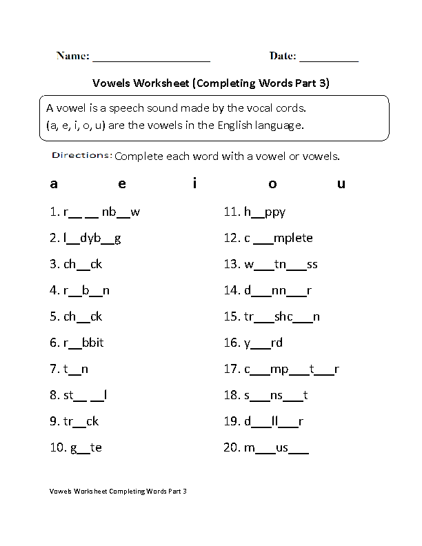 Completing Words Vowels Worksheet Part 3