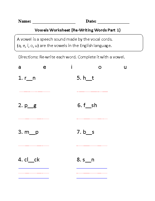 Re-Writing Vowels Worksheet Part 1