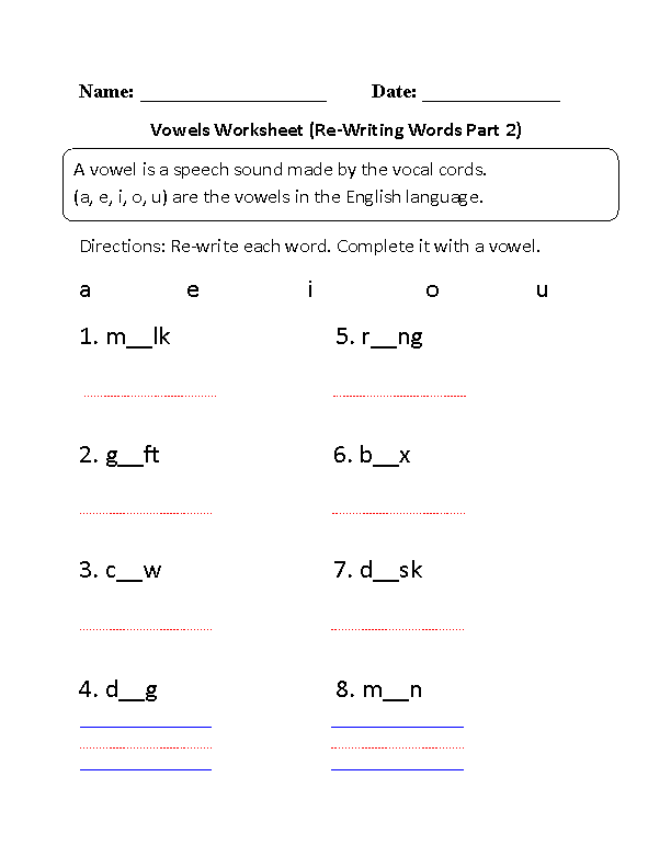 Re-Writing Vowels Worksheet Part 2