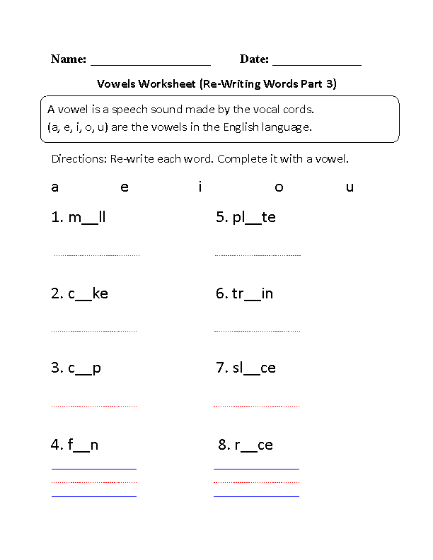Re-Writing Vowels Worksheet Part 3