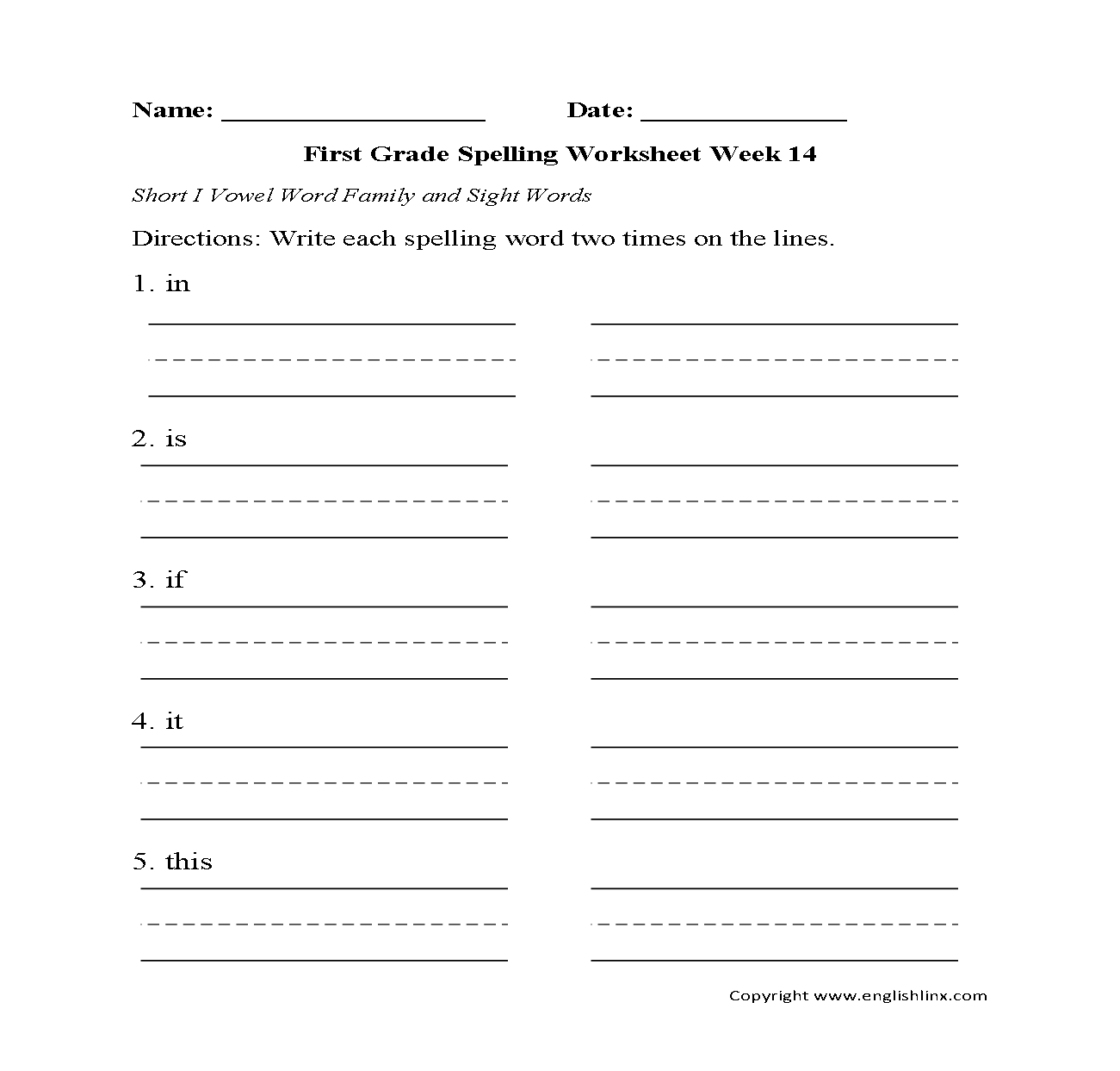 Week 14 Short I Vowel First Grade Spelling Worksheets