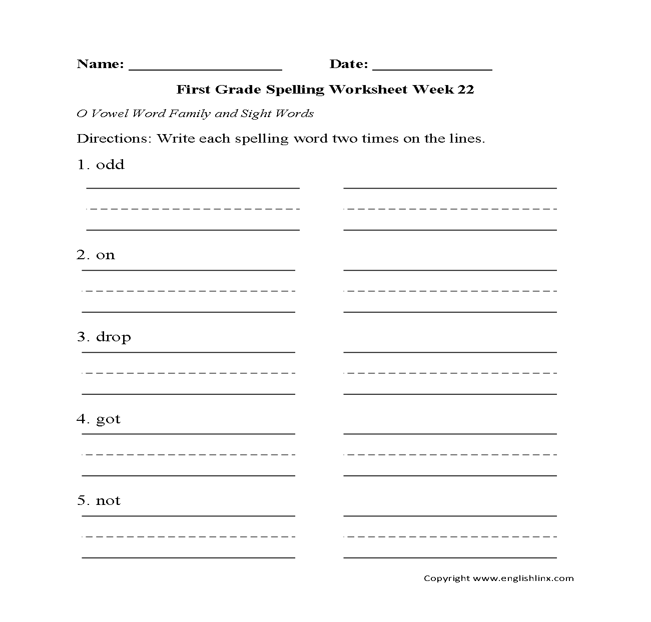 Week 22 O Vowel First Grade Spelling Worksheets