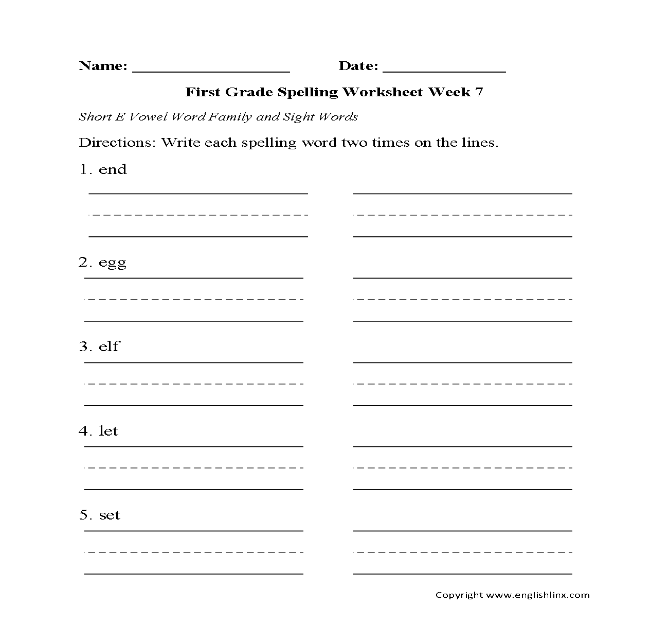 Week 7 Short E Vowel First Grade Spelling Worksheets