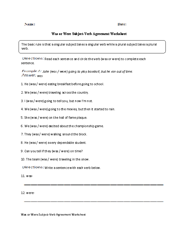 Practicing was or were Subject Verb Agreement Worksheet