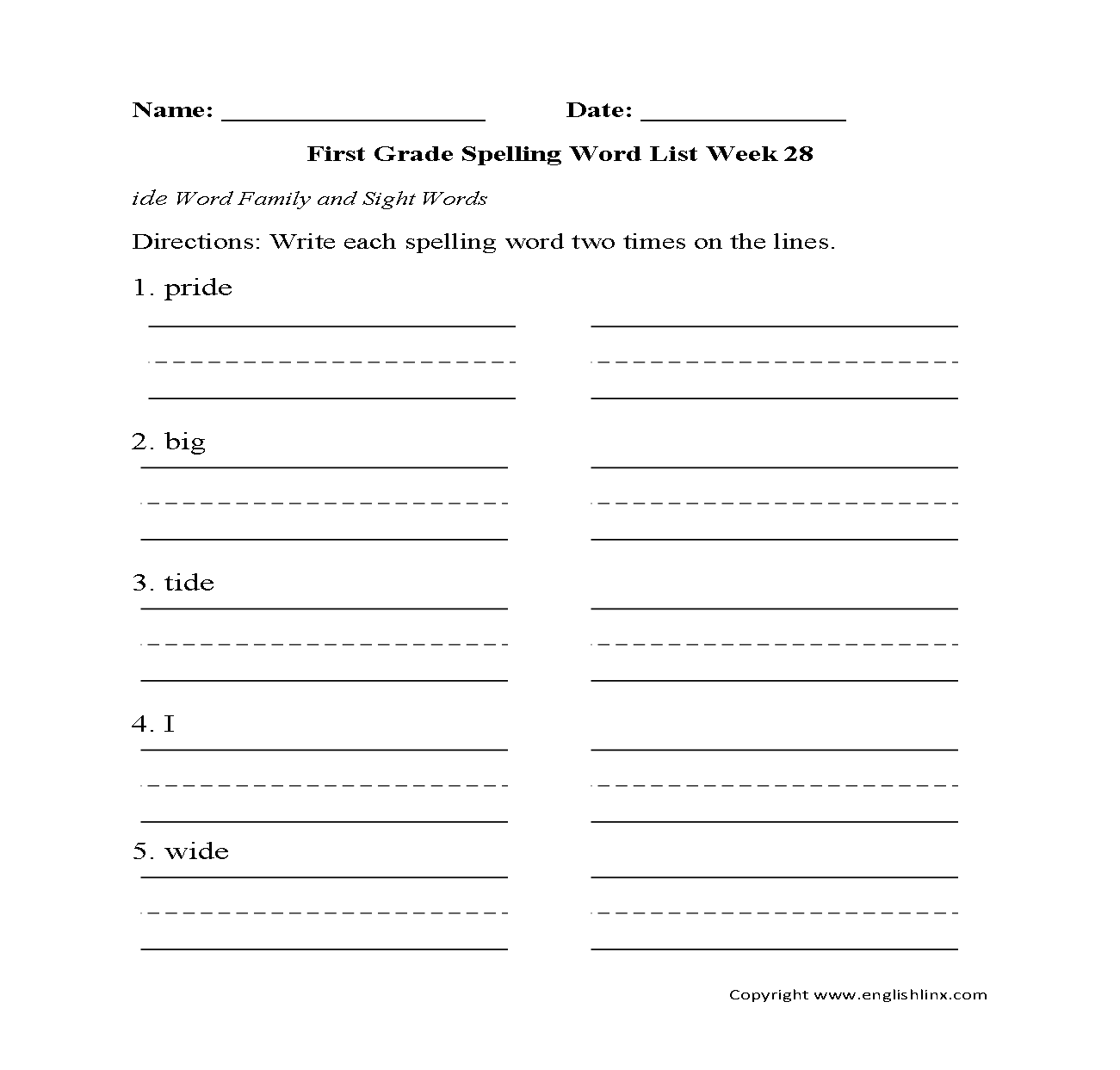 Week 28 ide family First Grade Spelling Words Worksheet
