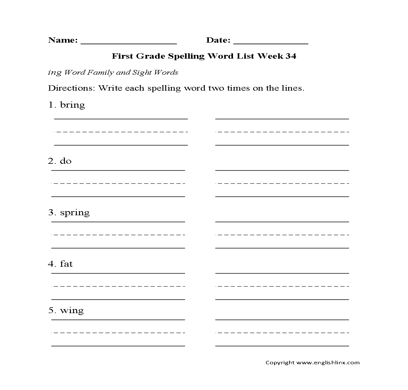 Week 34 ing family First Grade Spelling Words Worksheet