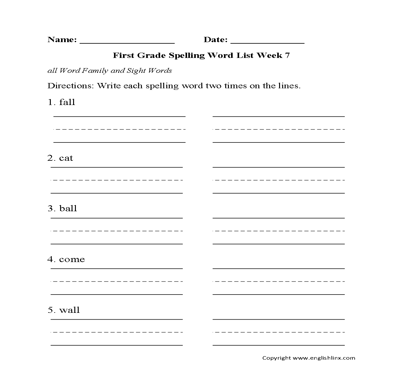 Week 7 all family First Grade Spelling Words Worksheets