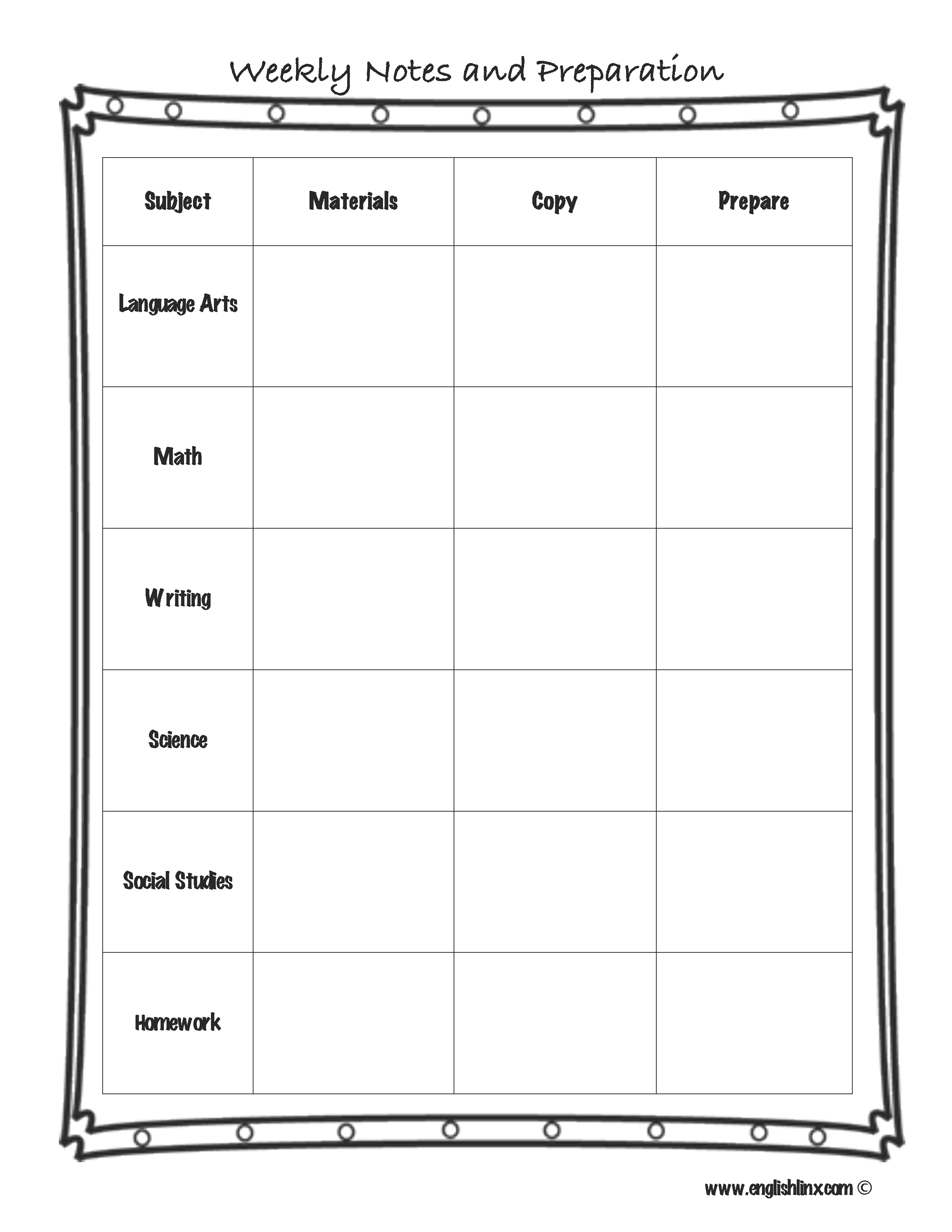 Weekly Notes Lesson Plan Template