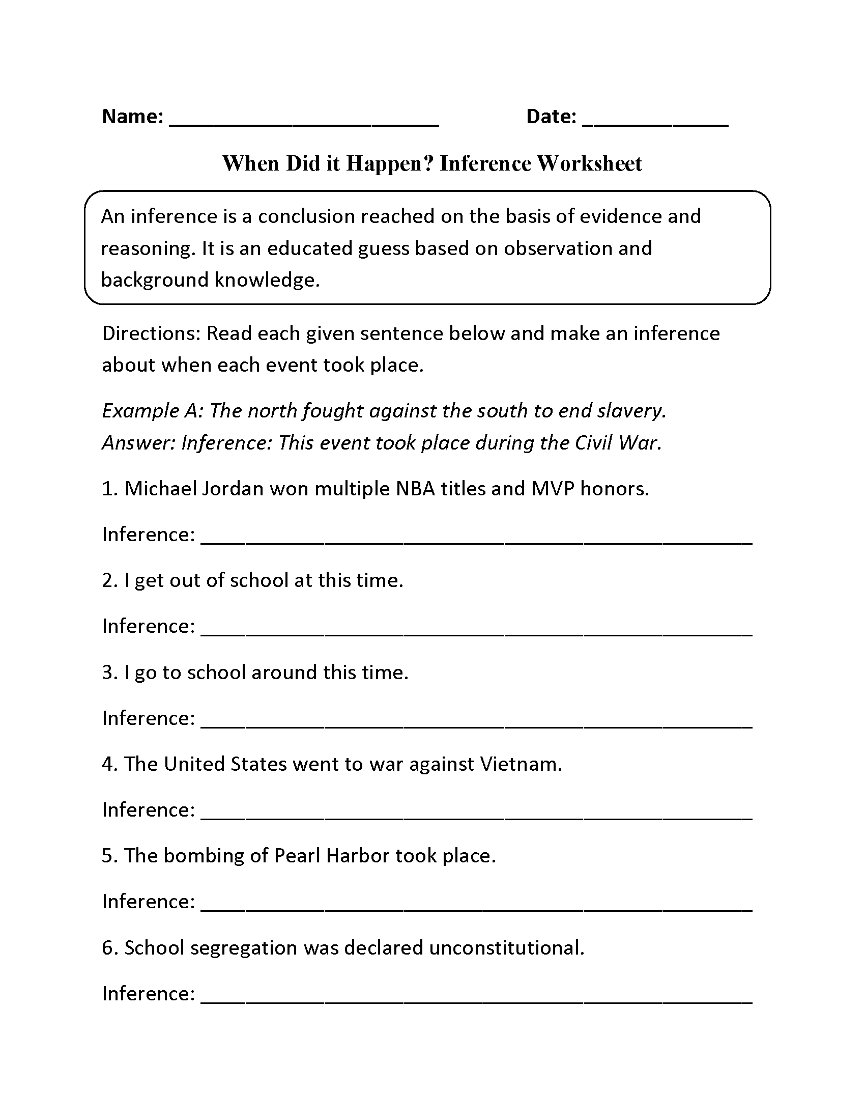 Inference Worksheets  When Did it Happen? Inference Worksheets Inside Observation And Inference Worksheet