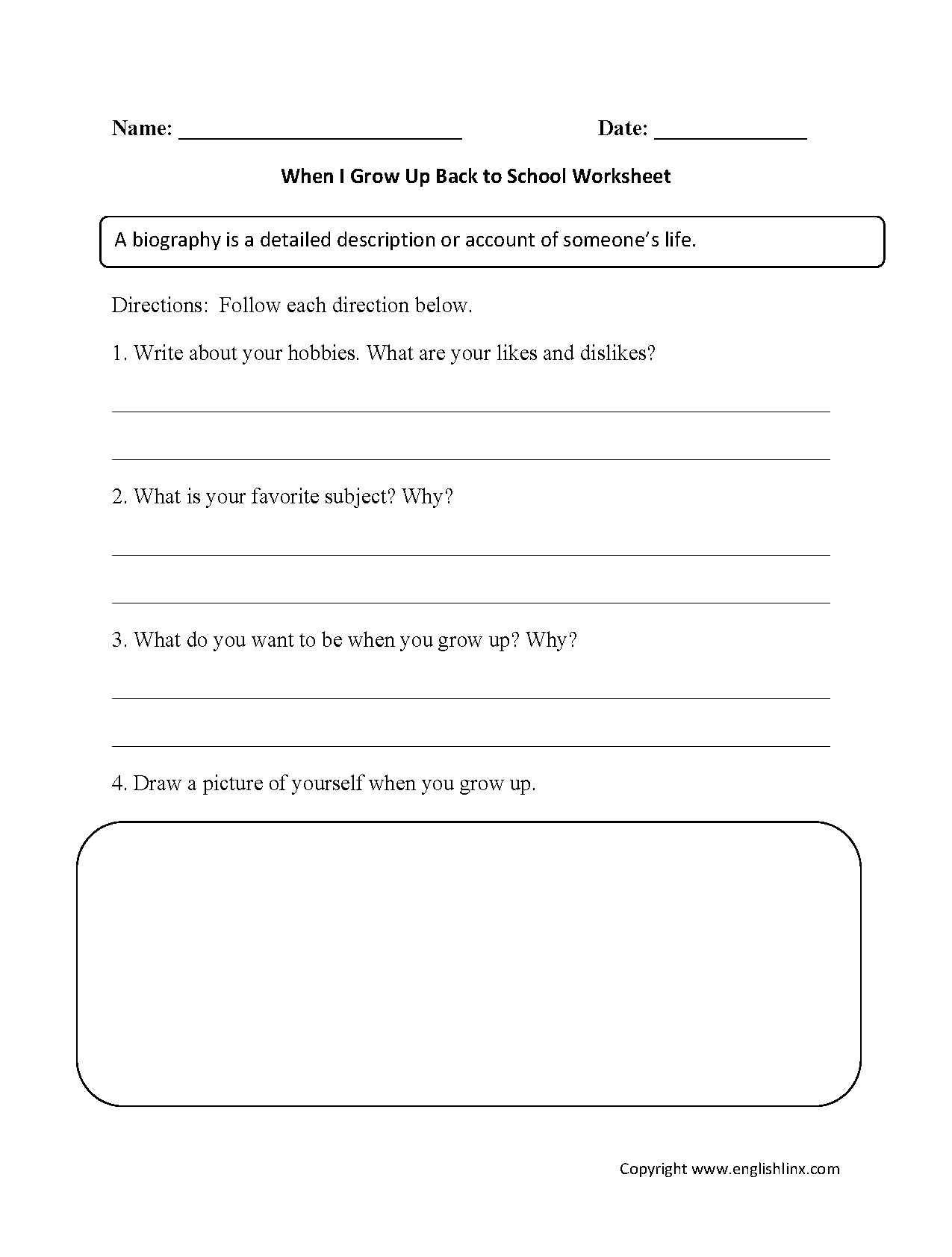 When I Grow Up<br>Back to School Worksheets