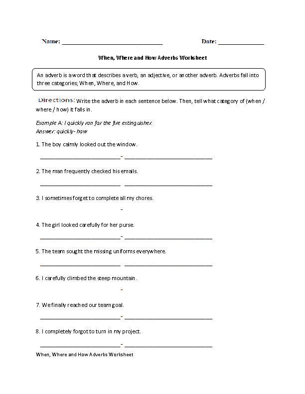 When, Where and How Adverb Worksheet