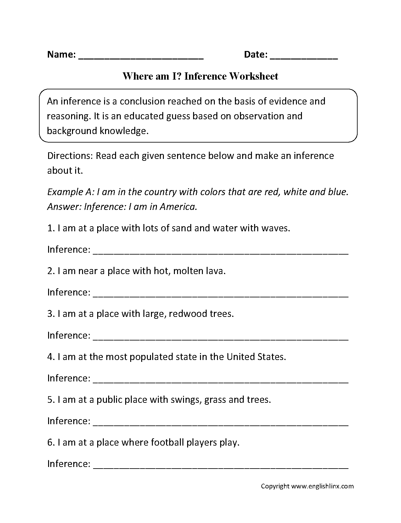Where am I? Inference Worksheets