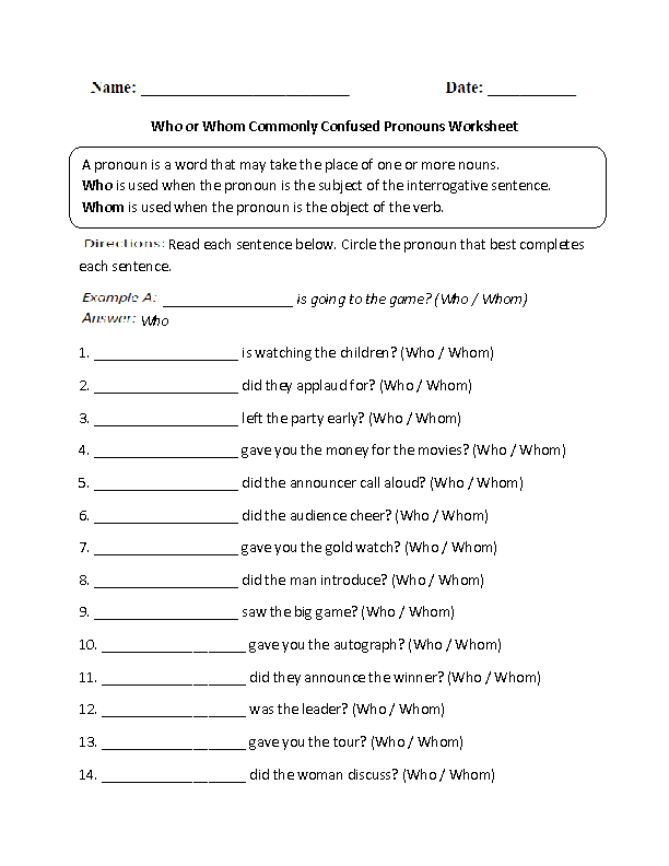 Who or Whom Commonly Confused Pronouns Worksheet