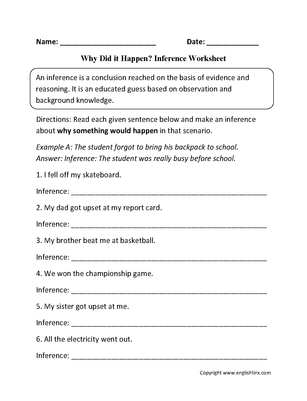 Why Did it Happen? Inference Worksheets