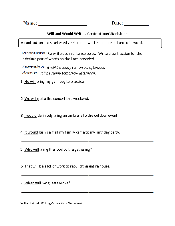 Contractions Worksheets Will And Would Writing Contractions Worksheet