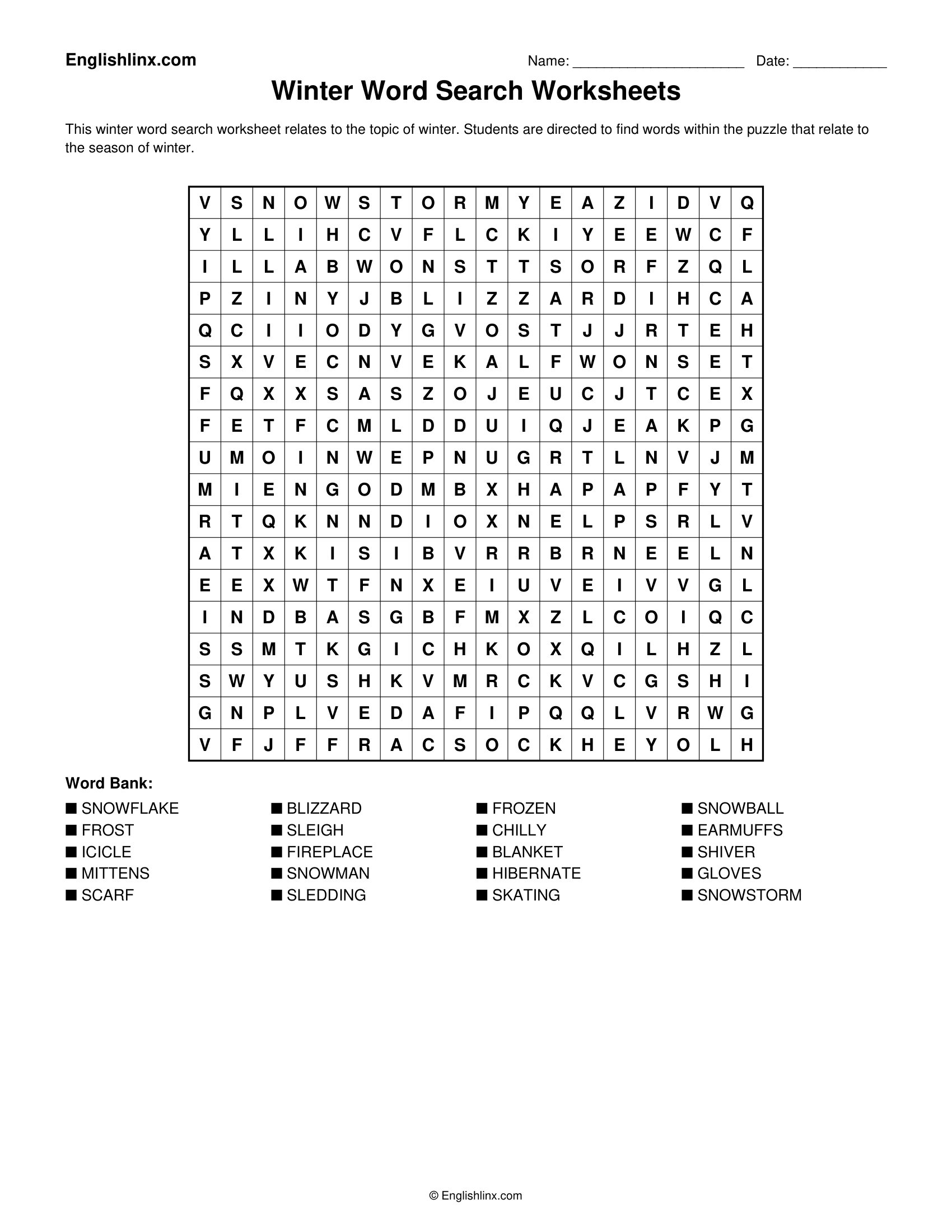 Winter Word Search Worksheets