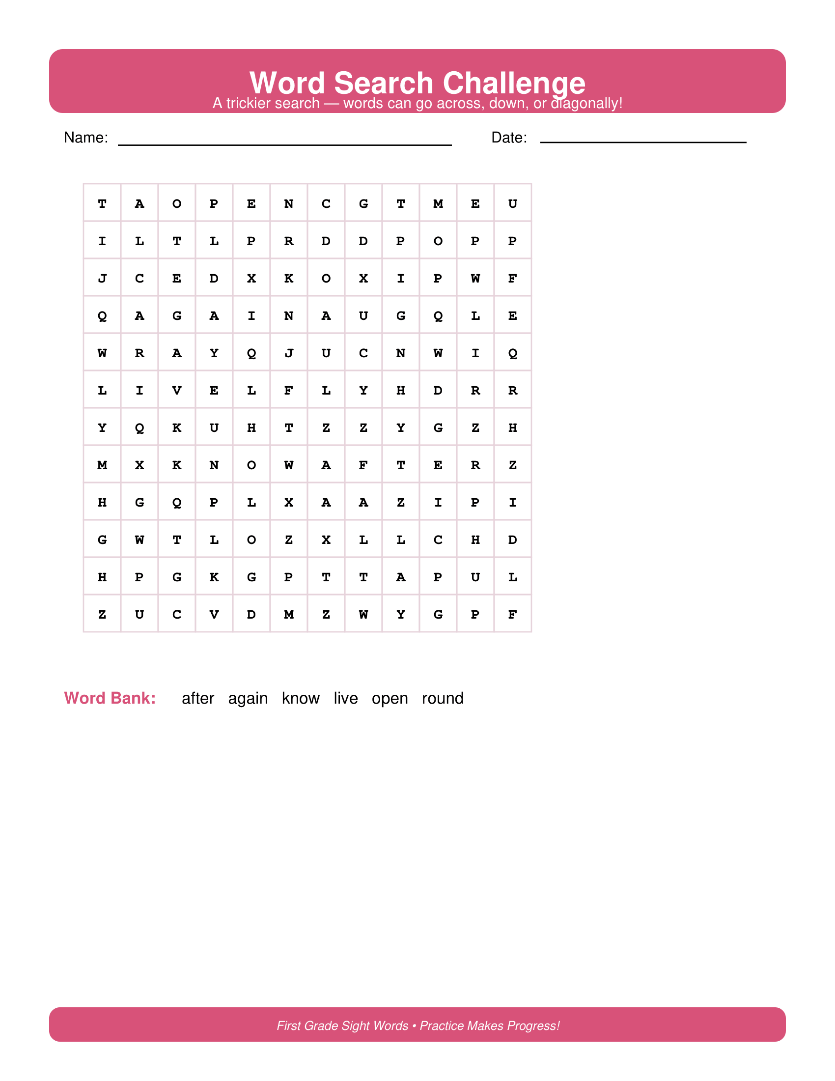 Word Search Challenge First Grade Sight Words Worksheets