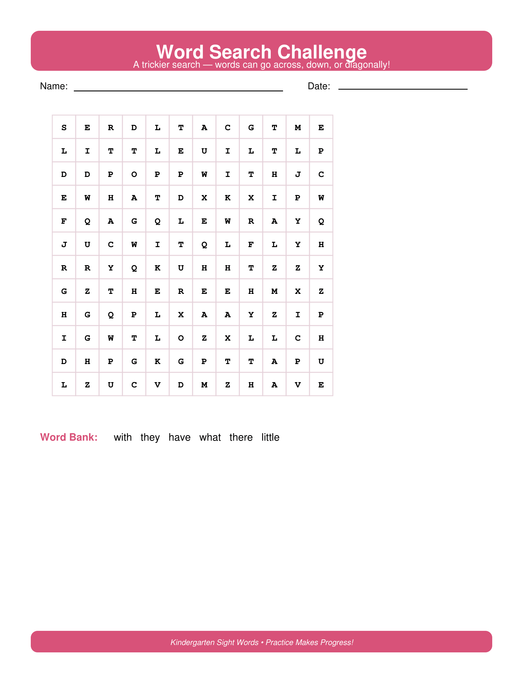 Word Search Challenge Kindergarten Sight Words Worksheets