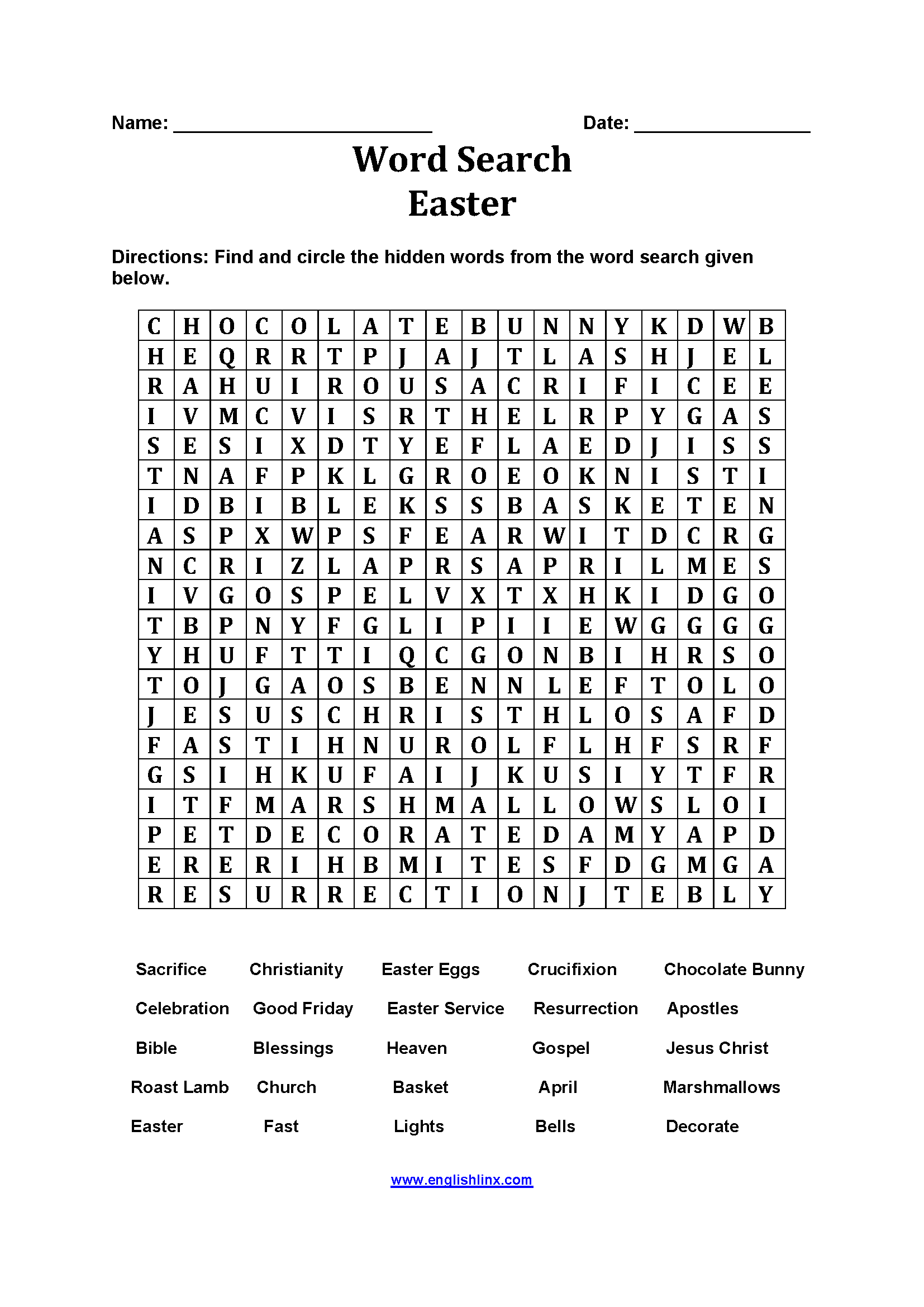 Easter Word Search Worksheets