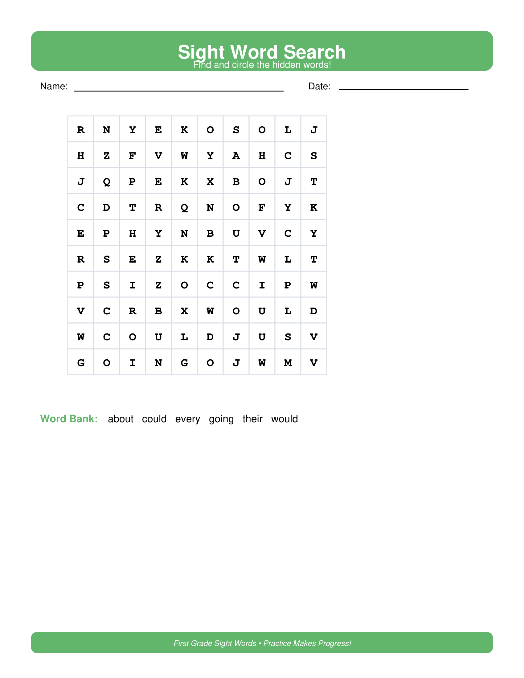 Word Search First Grade First Grade Sight Words Worksheets