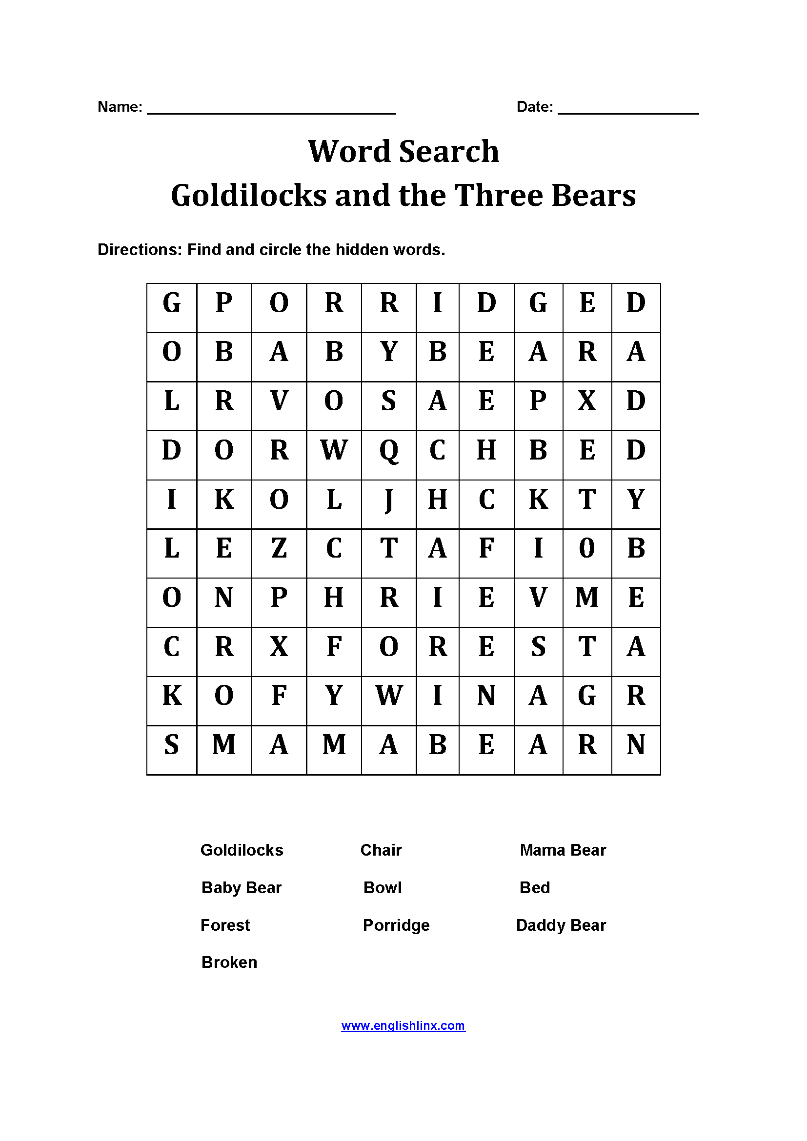 Goldilocks Word Search Worksheets