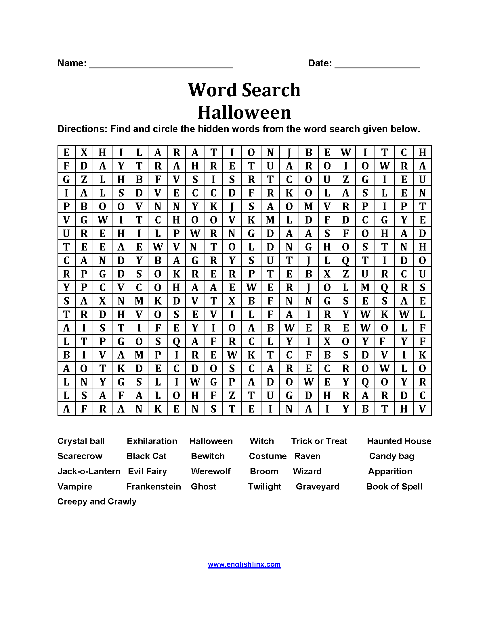 Halloween Word Search Worksheets