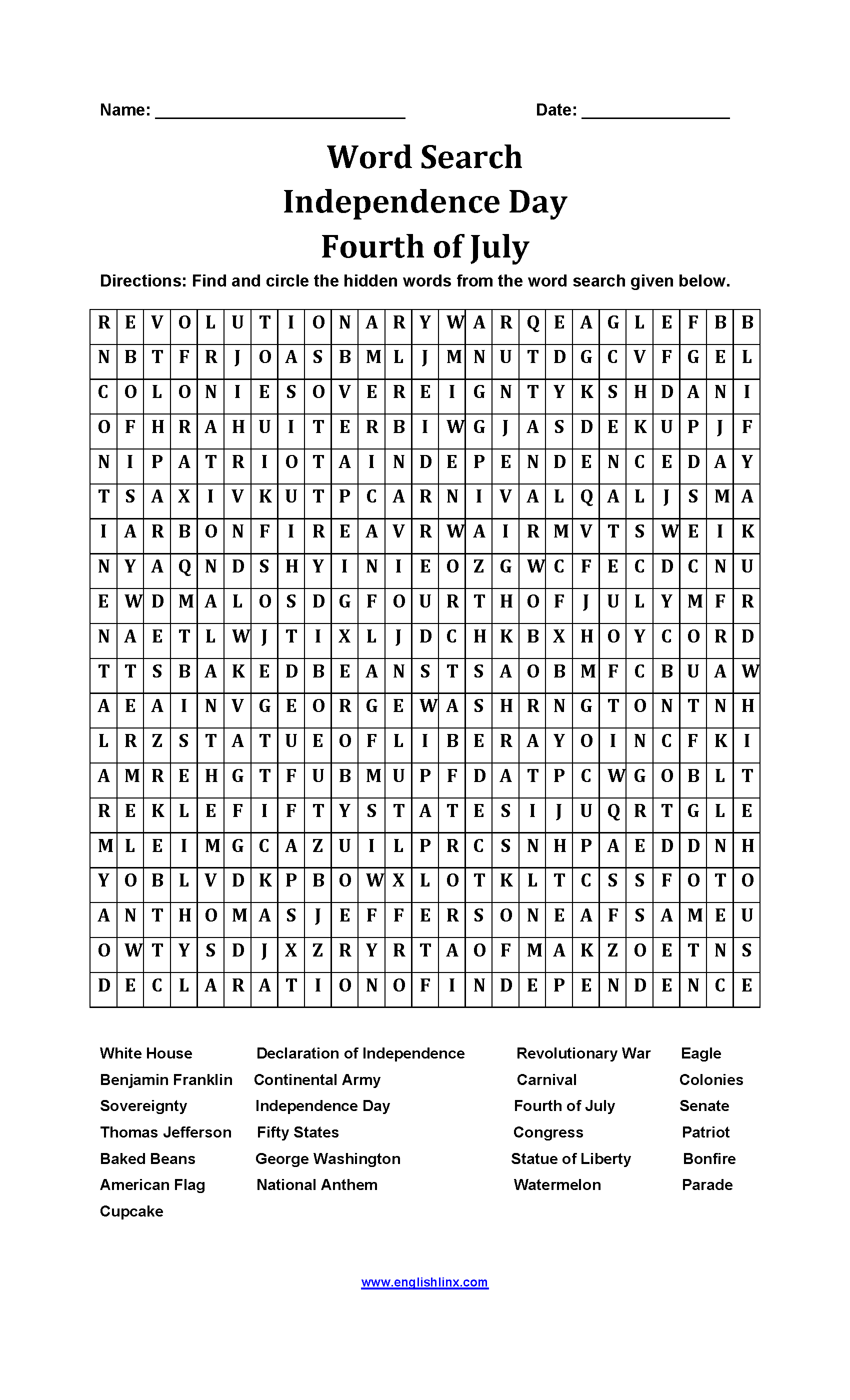 Fourth of July Word Search Worksheets