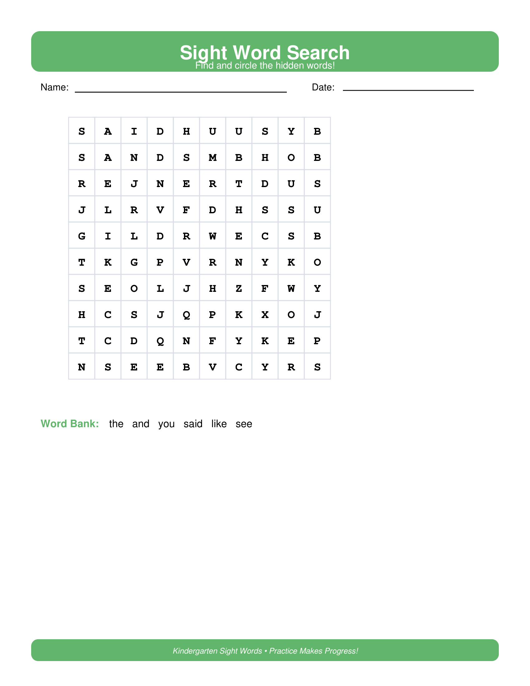Word Search Kindergarten Kindergarten Sight Words Worksheets