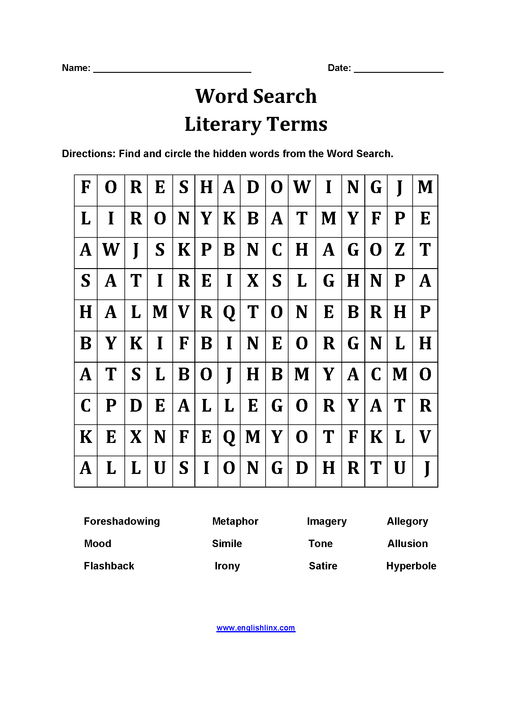 Literary Terms Word Search Worksheets