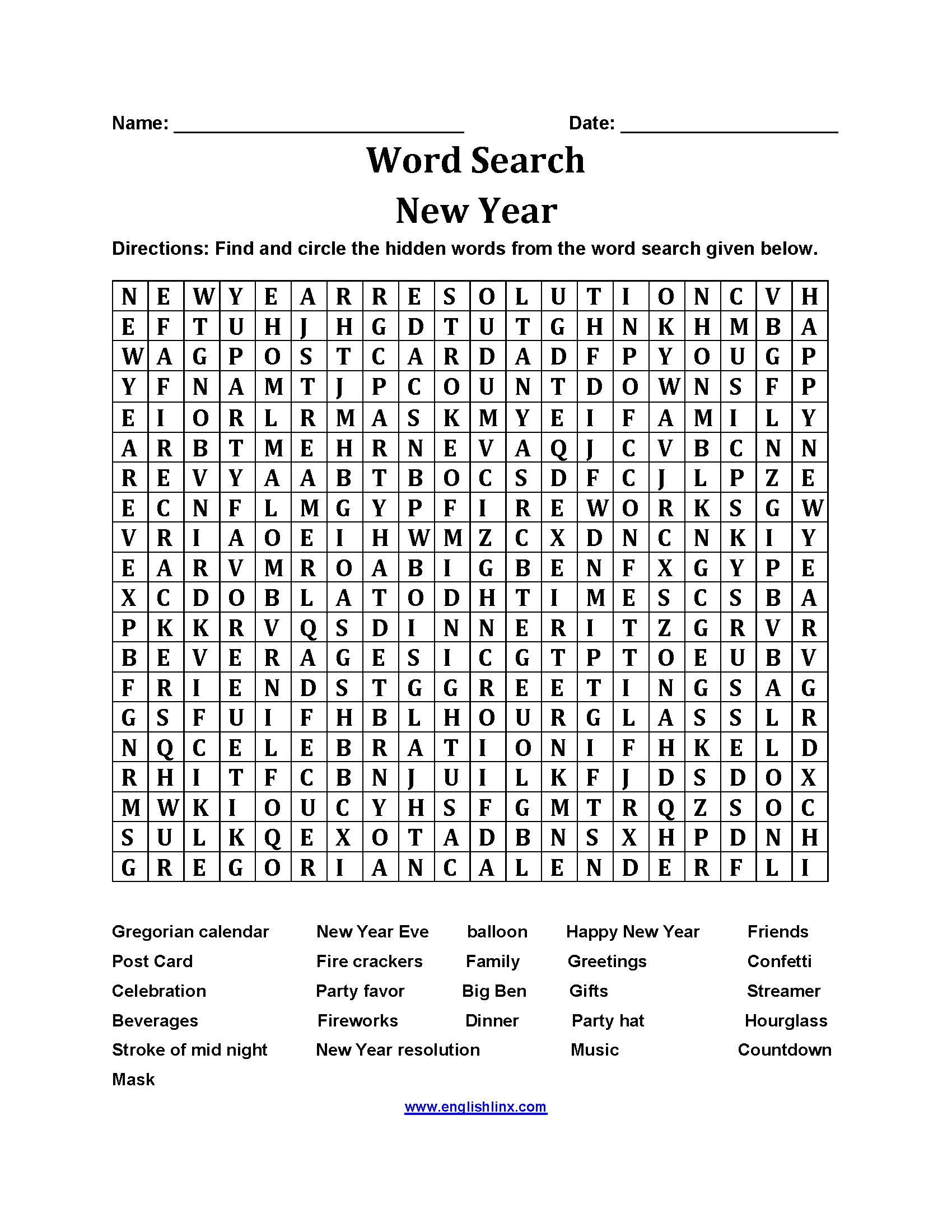 New Year Word Search Worksheets