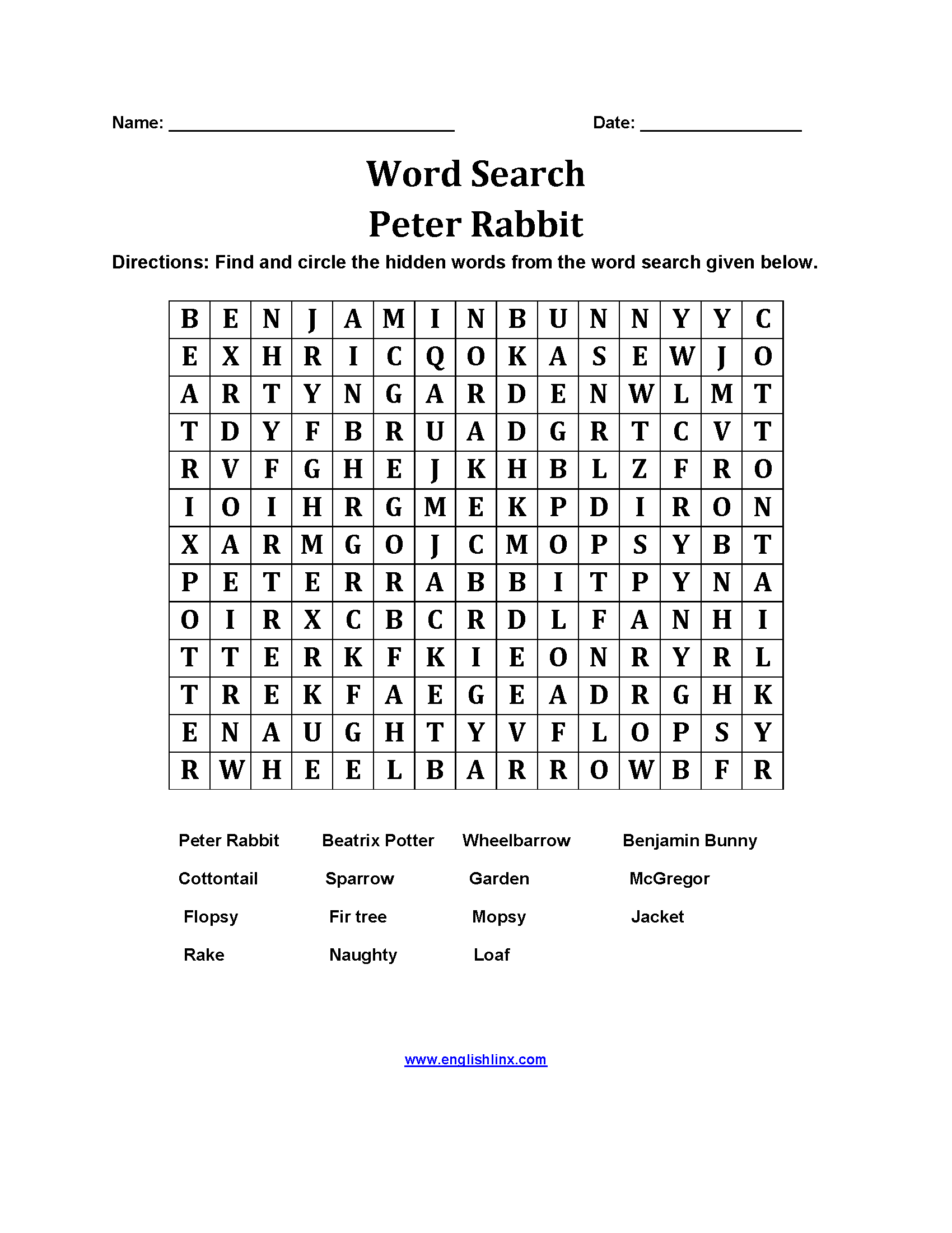 Peter Rabbit Word Search Worksheets