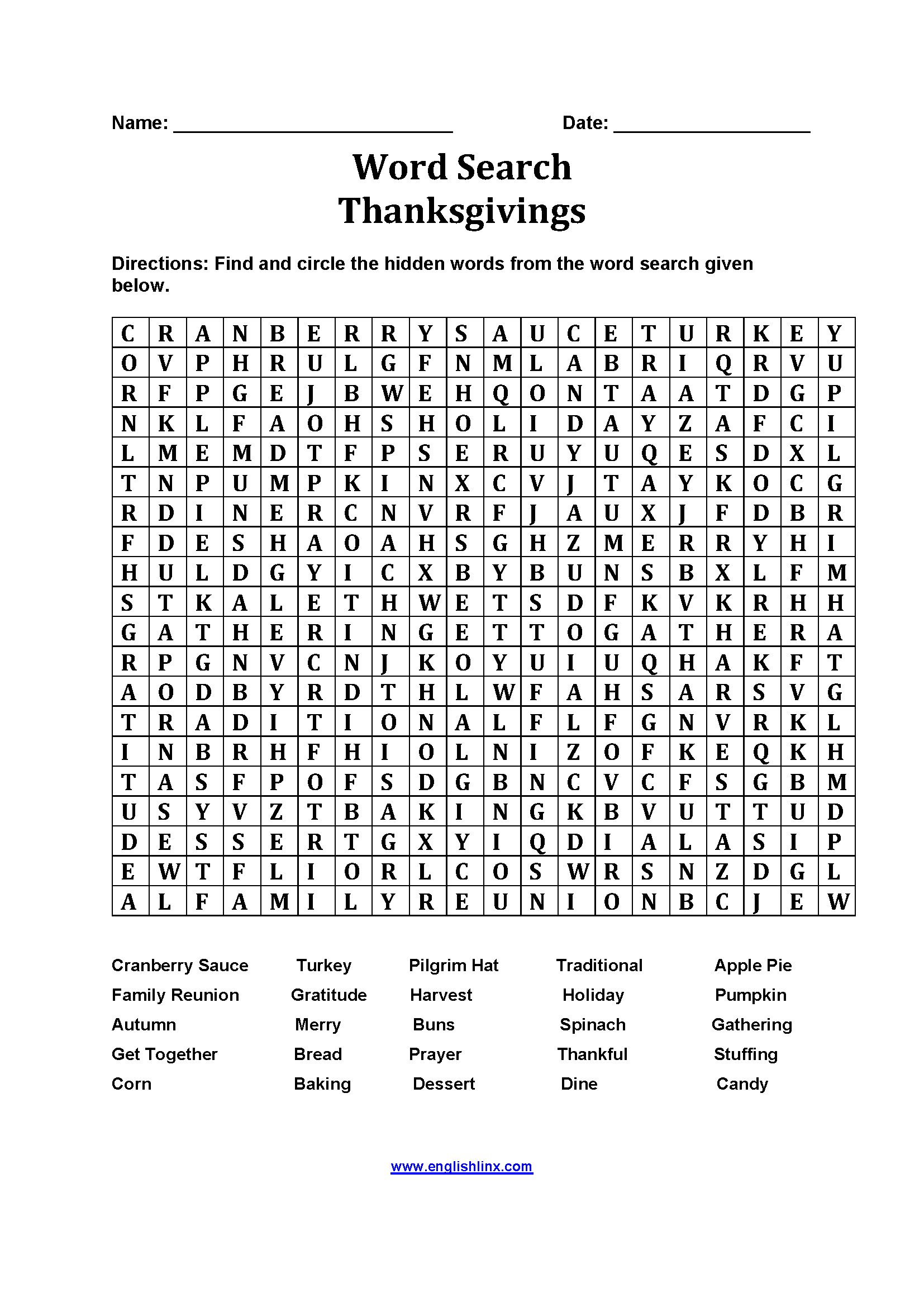 Thanksgiving Word Search Worksheets