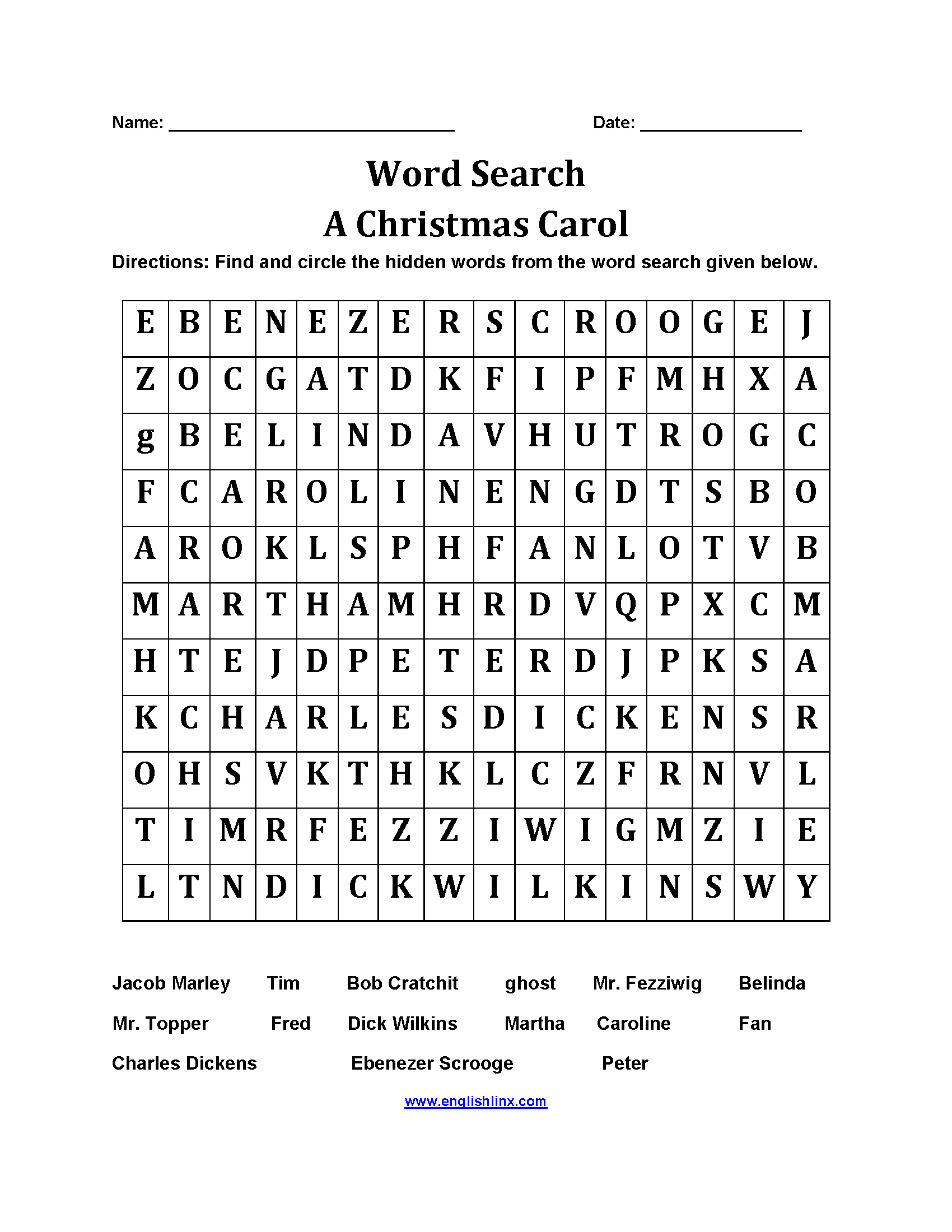 Christmas Carol Word Search Worksheets