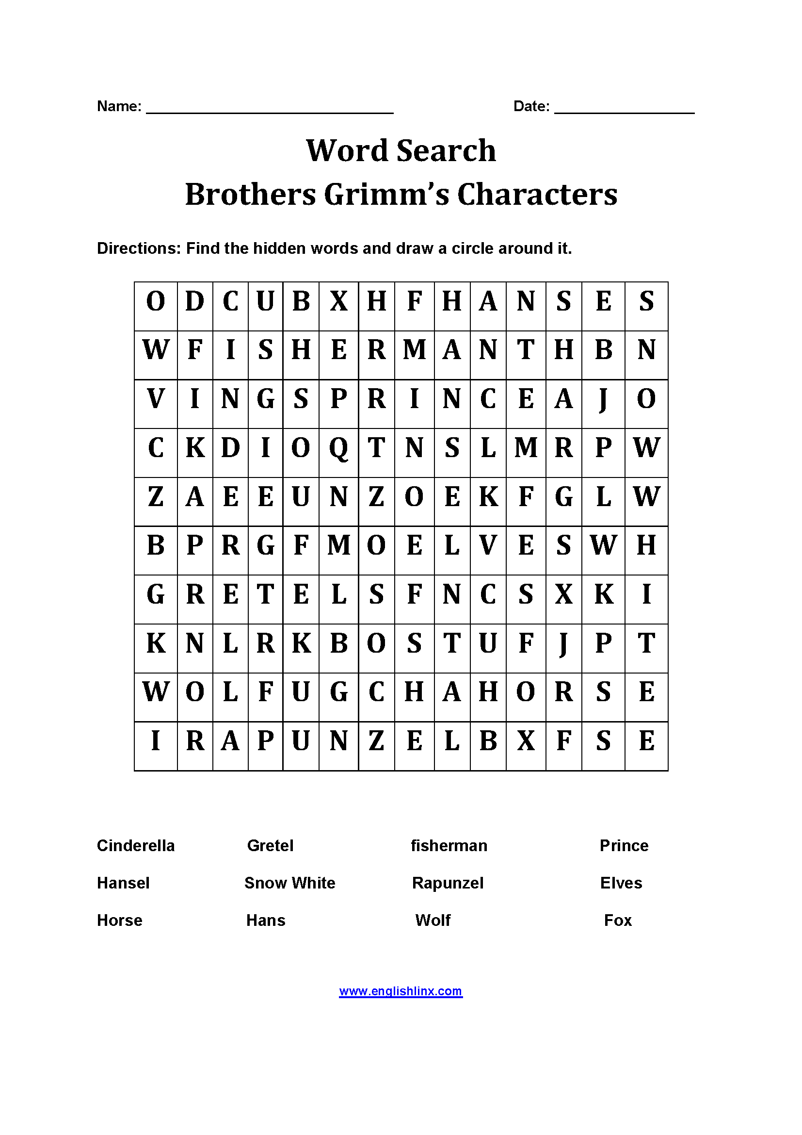 Brother's Grimm Word Search Worksheets