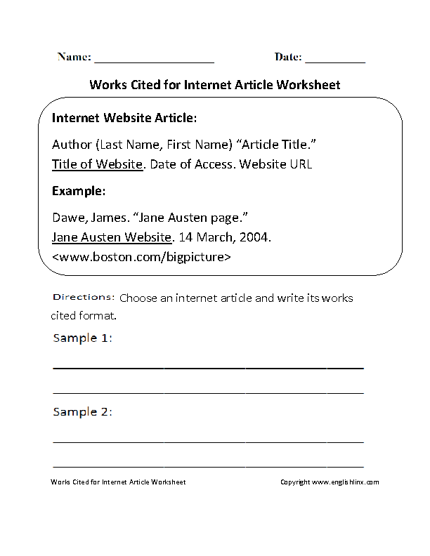 Works Cited for an Internet Article Worksheet