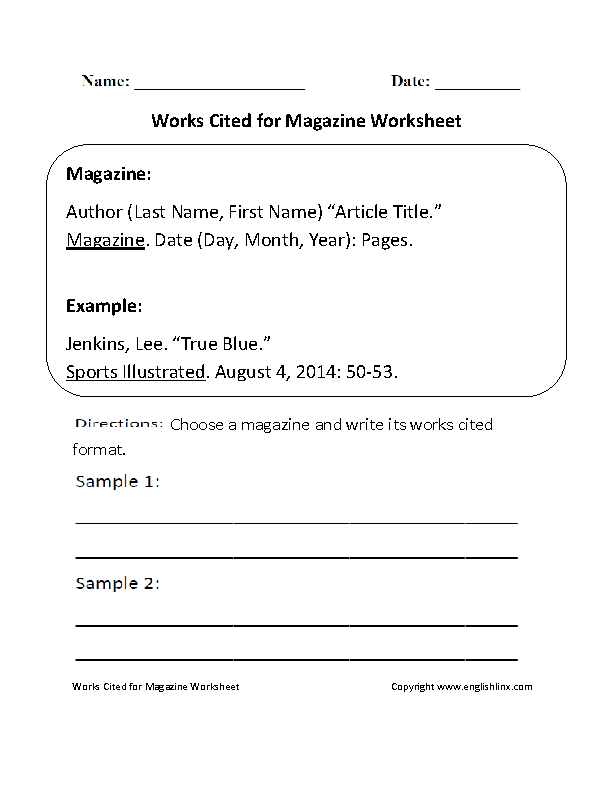 Works Cited Worksheets Works Cited For Magazine Worksheet