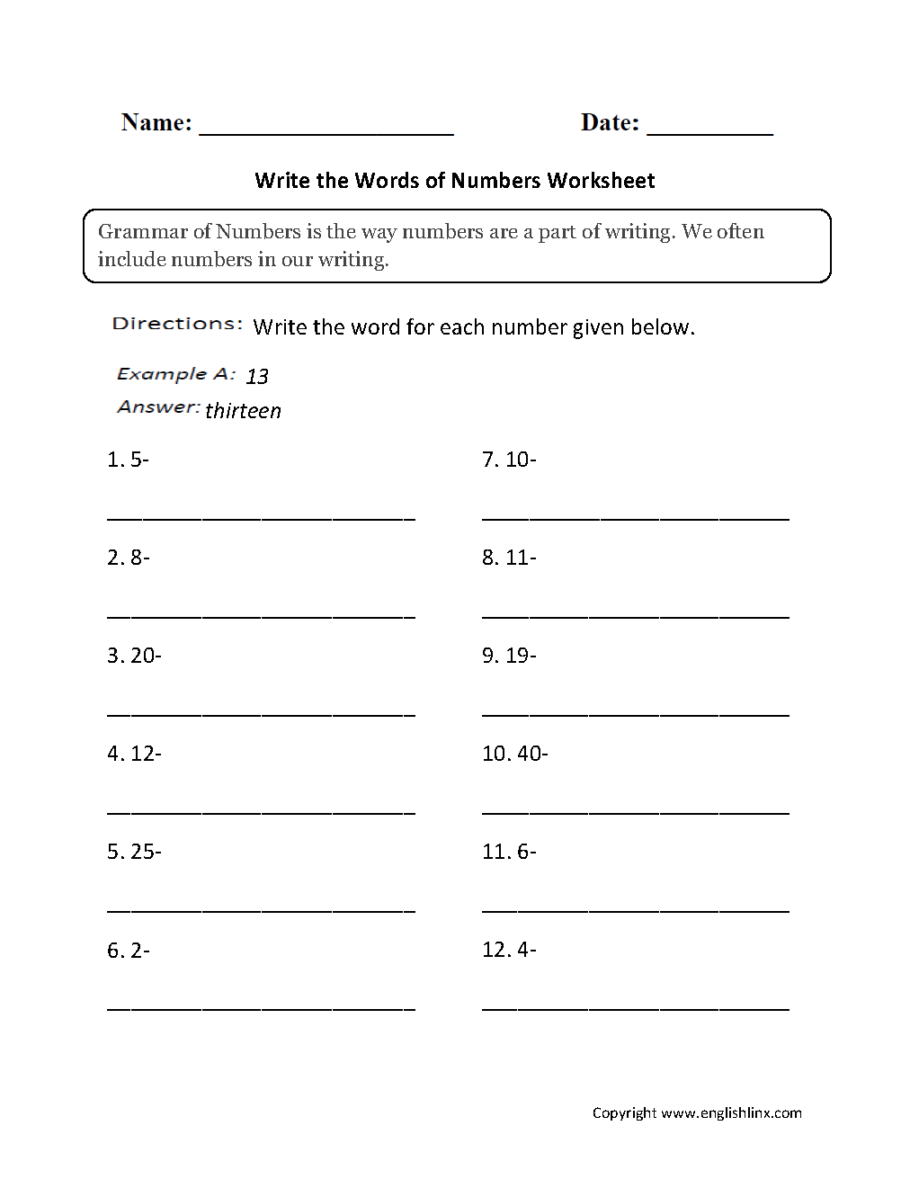 Write the Words of Numbers Worksheets