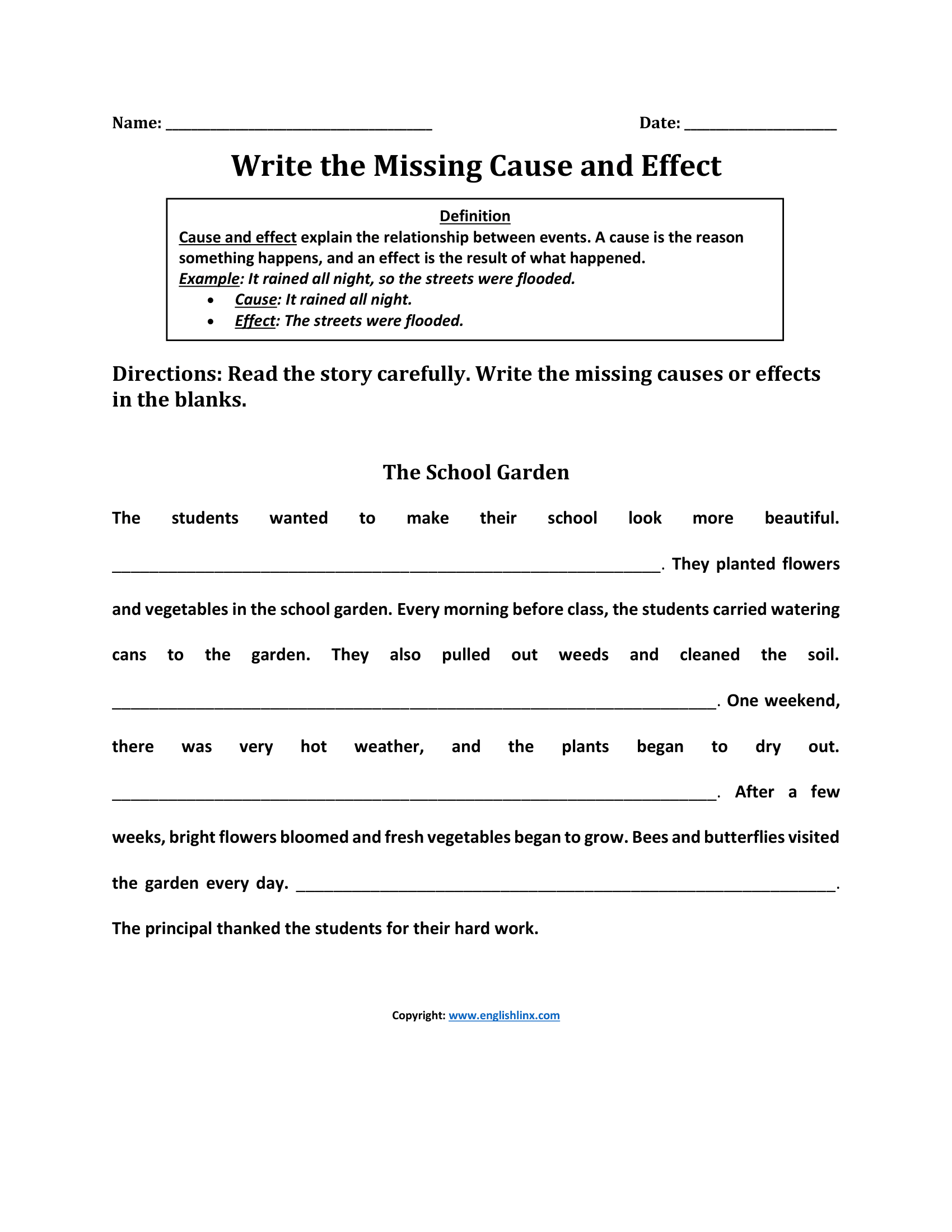 Write Missing Cause and Effect Worksheet