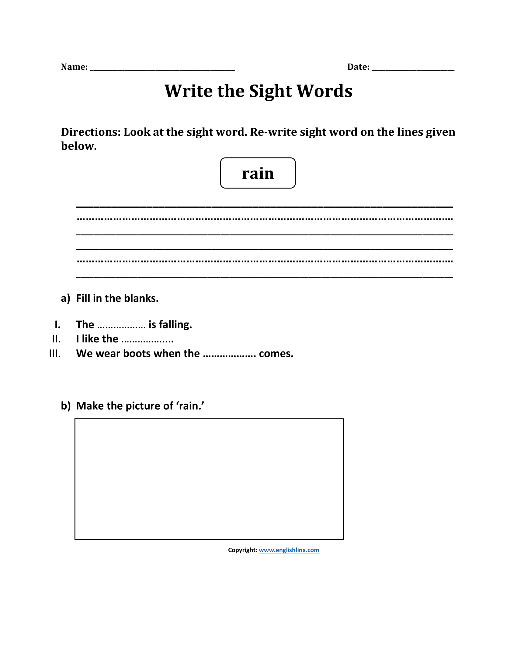 Write the First Grade Sight Words Worksheets