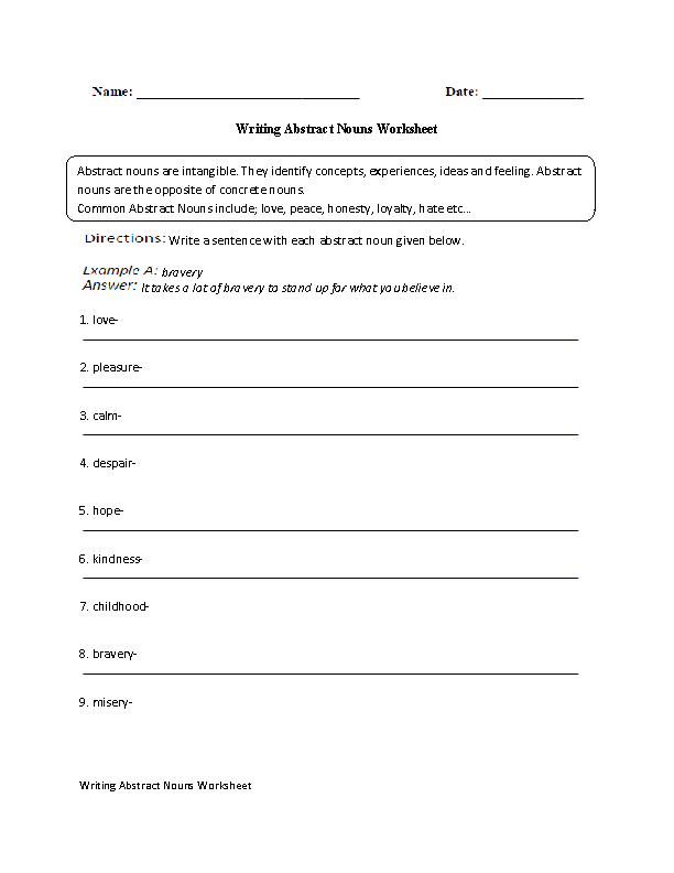 Writing with Abstract Nouns Worksheet