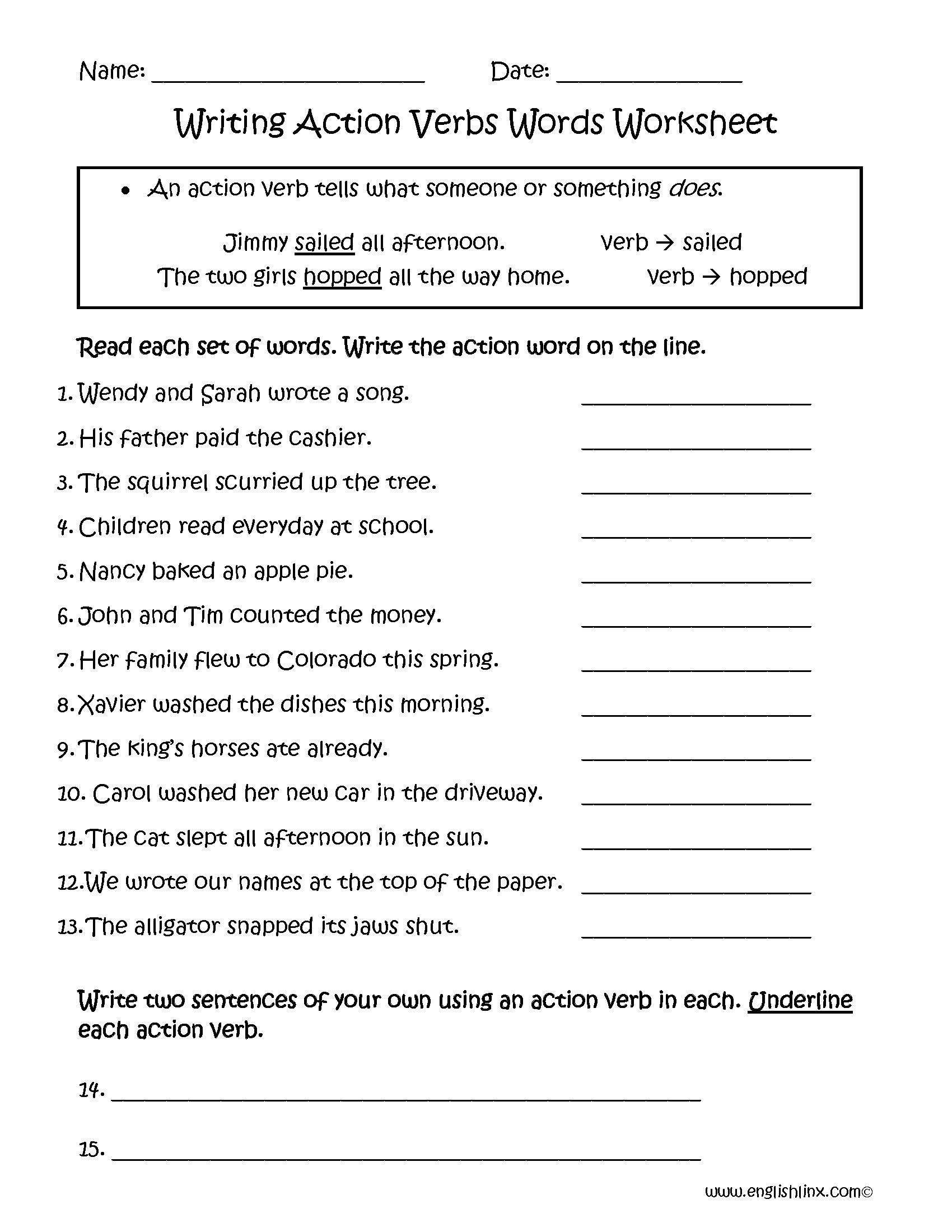 Action Words In A Sentence Worksheet