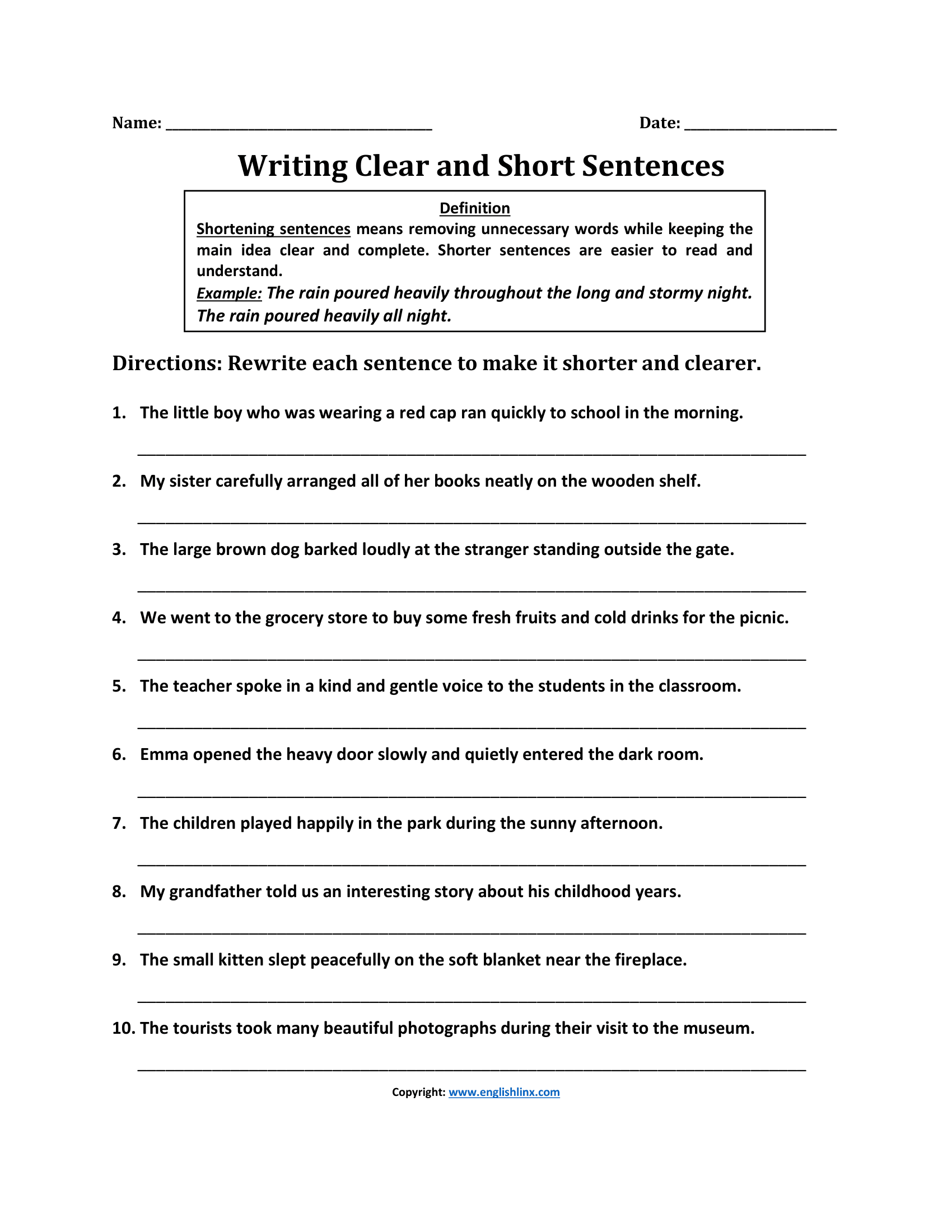 Writing Clear and Short Sentence Writing Worksheets