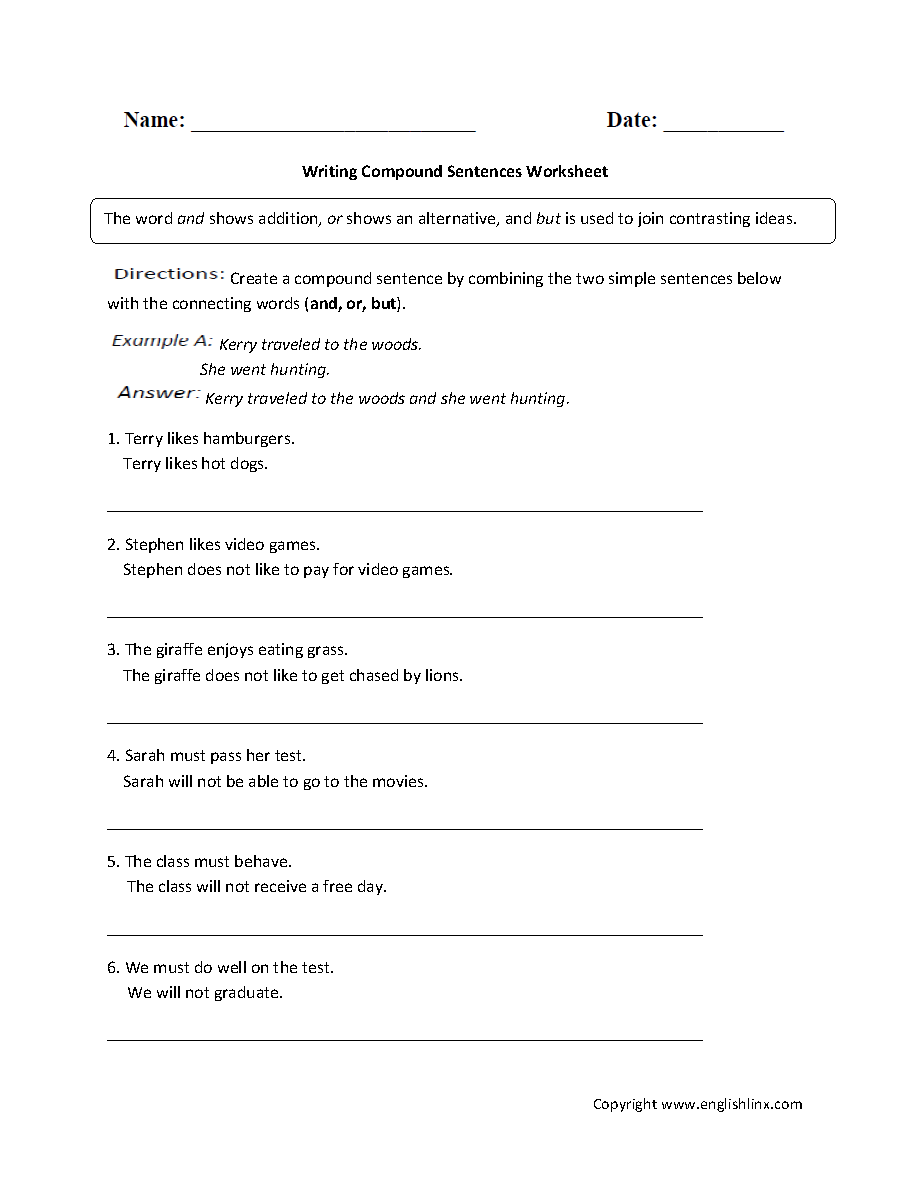 combining sentences with and but Within Compound Sentences Worksheet With Answers