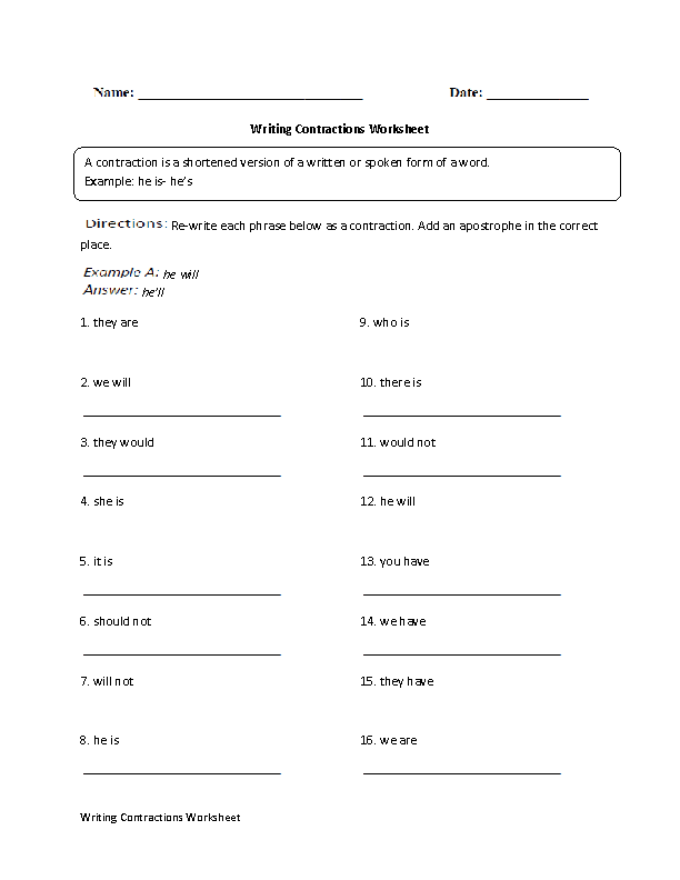 Writing Contractions Worksheet