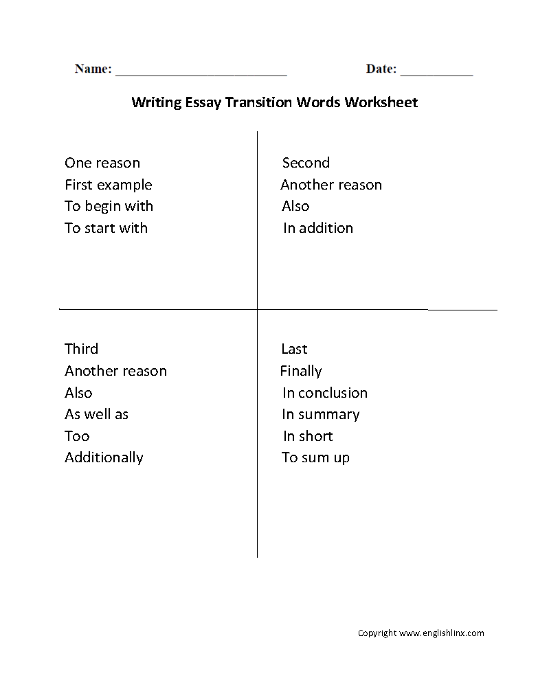 Transition Words Writing Essays Worksheets