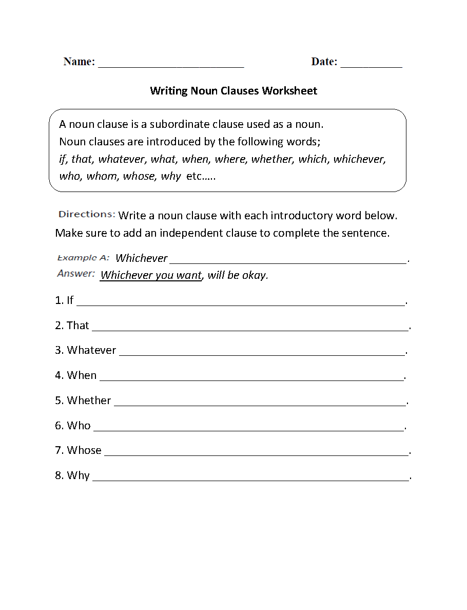 Parts of a Sentence Worksheets | Clause Worksheets