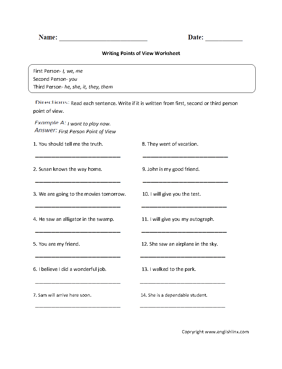 Writing a Point of View Worksheet
