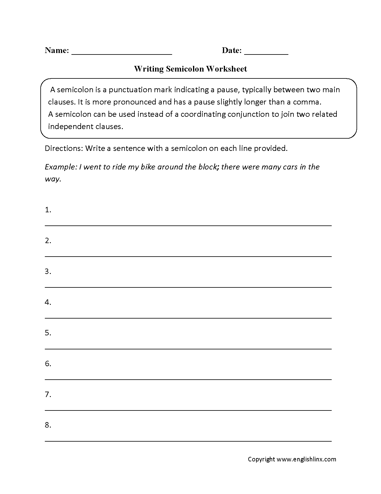 Writing Semicolon Worksheets